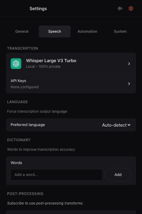 Koe speech settings with local model, API key, language, and dictionary controls